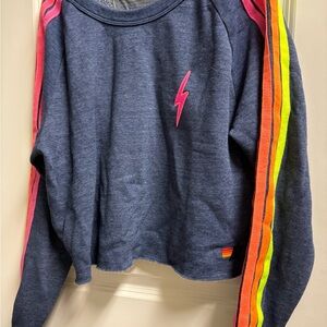 Aviator Nation Blue Sweatshirt with Pink and Rainbow Stripes